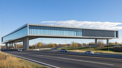 Obraz premium A modern expressway overpass with clean lines and a clear blue sky providing ample copy space
