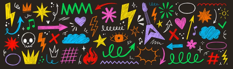 Hand drawn rock punk music star grunge heart doodle icon element set. Crayon brush stroke hand drawn line sketch style doodle rock punk star, heart shape. Crayon scribble music vector illustration