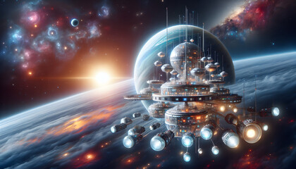 Futuristic Space Station Orbiting Planet Amidst Nebula and Sunlight
