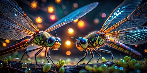 Dragonfly Duo: Low Light Macro Photography, Insect Closeup, Nature Wildlife, Night Photography,  Dual Dragonflies,  Dark Ambience,  Beautiful Insects