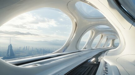 Naklejka premium Elevated rail track through a futuristic cityscape, modern design and open skies offering copy space