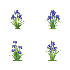 4 icon set vector 3d logo blue iris flowers in bush on white background