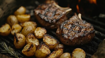 Obraz premium Juicy grilled steaks sizzle deliciously beside roasted potatoes warm firelight enhances rich colors. AI Generated