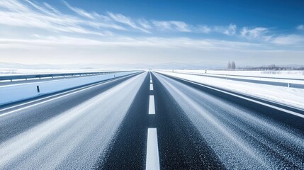 Fototapeta premium Isolated stretch of highway through a snowy winter landscape, pale sky overhead, and a serene atmosphere, perfect for text