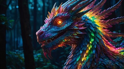 Fototapeta premium Mystical Rainbow Dragon: A vibrant and majestic dragon, adorned with iridescent scales shimmering with every color of the rainbow, emerges from the shadows of a dark and enchanted forest.