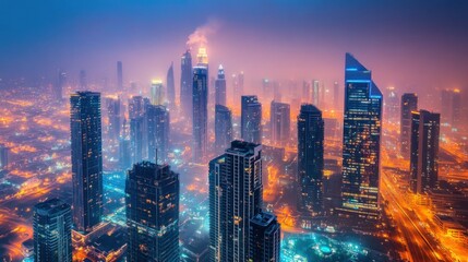 Fototapeta premium Dubai Skyline at Dusk: A Breathtaking Aerial View of Modern Architecture