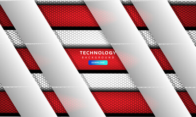 Futuristic abstract technology background with diagonal red and white lines on a hexagonal pattern.