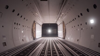 Obraz premium Minimalist shot of an empty airport cargo area with clean lines, bright natural lighting, and wide-angle perspective