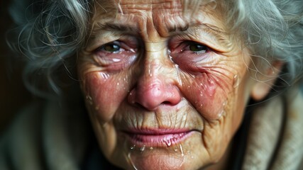Close up of elderly woman expressing deep sadness and vulnerability, with tears highlighting raw emotion and experience