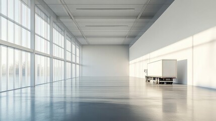 Quiet delivery hub with a single cargo truck in a large empty space, bright sunlight casting clean shadows for a minimalist vibe