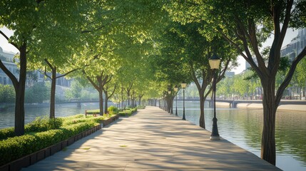 Obraz premium Quiet riverside promenade with a simple walking path, minimal street lamps, calm water, and spacious composition