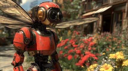 A rusty red robotic insect stands in a garden