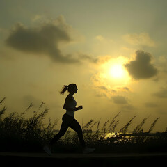 Woman jogging sunset coastal path