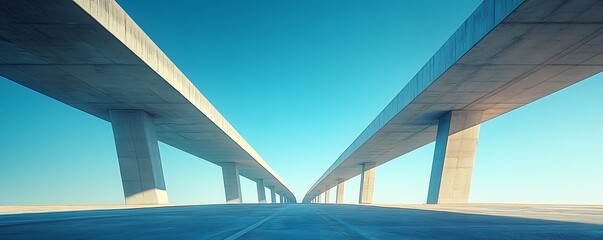 A dramatic perspective of a modern bridge against a clear sky showcasing architectural beauty.