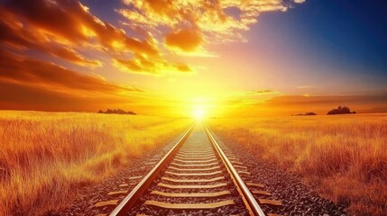 Obraz premium Sunset view of a rail line cutting through golden grasslands, vibrant skies and tranquil composition