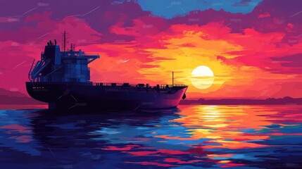 Fototapeta premium Sunset view of a cargo ship silhouetted against the horizon, vibrant sky colors reflecting in the calm water below