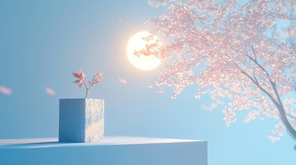 41.A refined Japanese-style abstract scene with a stone pedestal, a gently glowing moonlight effect, and a sakura tree casting soft shadows over a gradient blue background.