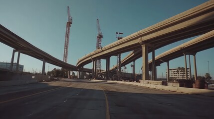 Wide-angle shot of a multi-lane freeway under construction, with cranes and materials positioned in a minimalist setting