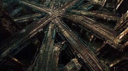 Wide-angle shot of multiple railway tracks converging at a switchyard, intricate patterns and muted industrial tones