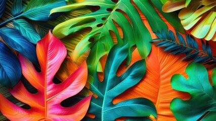 Colorful tropical leaves create vibrant background, evoking nature's beauty and freshness, ideal for home decor and botanical themes