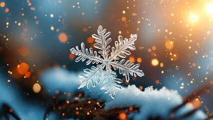 Beautiful snowflake glistening in sunlight with soft snow background, capturing winter magic and holiday spirit