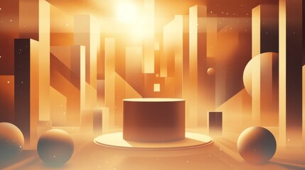 92.A sleek abstract setup with a cylindrical podium in a matte finish, surrounded by geometric shapes like cubes and spheres, set against a warm brown background with subtle gradient lighting.