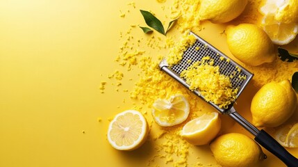 Vibrant Yellow Background Showcasing Fresh Lemons and a Sleek Black Grater Evoking a Bright and Inviting Culinary Scene