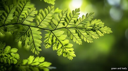 Fototapeta premium Vibrant green fern frond glows softly backlit sunlight. AI Generated