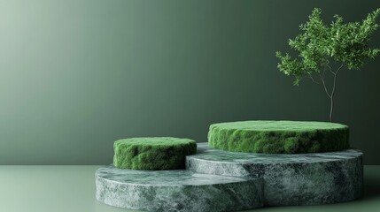 97.Green stone podium with moss for natural eco product presentation, minimal style:
