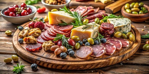 A rustic wooden board overflowing with a delectable assortment of cured meats, aged cheeses, olives, berries, and crunchy biscuits, perfect for a sophisticated gathering.
