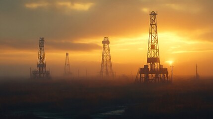 Obraz premium Golden Sunrise Illuminates Oil Rigs Silhouetted Against Misty Plains. AI Generated