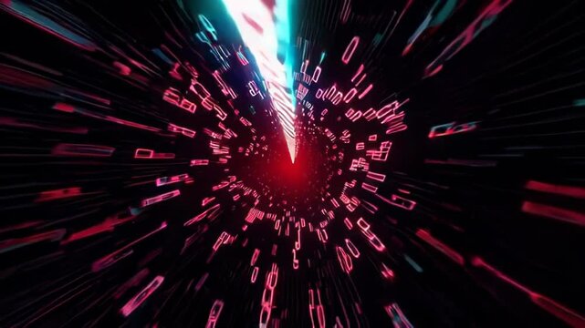 In a virtual space, neon-blue light trails create a tunnel effect during a digital surge, giving a cyberpunk atmosphere. 