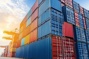 A View of Stacked Shipping Containers at a Busy Port Under a Clear Sky During Sunset, Highlighting the Industrial Aspects of Maritime Logistics and Cargo Transport