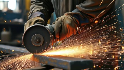 Craftsman grinding metal, creating sparks in industrial workshop  Symbolizes skill, labor, and craftsmanship in manufacturing