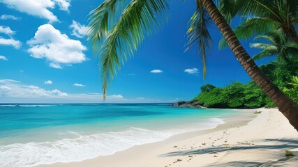 Tropical beach scene featuring clear blue waters, palm trees, and soft sand, evoking relaxation and vacation mood