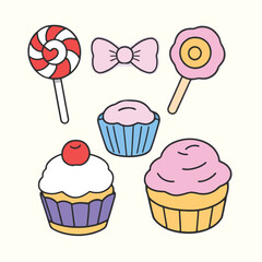 A retro sweets-themed sticker pack featuring lollipops, cupcakes, and candy in a nostalgic style.