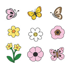 A delicate spring-themed sticker pack featuring flowers, blossoms, and butterflies in soft pastel colors.