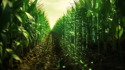 Fototapeta premium Explore a vibrant cornfield where nature meets technology in a captivating display of digital growth.