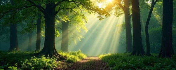 Fototapeta premium Misty forest with tall trees and dappled sunlight filtering through leaves, nature, sunlight