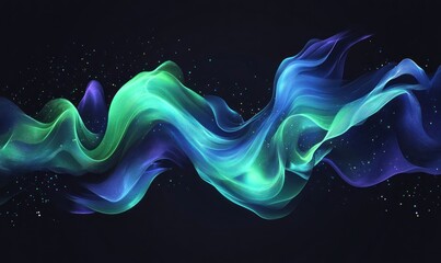 Abstract vibrant teal, blue, green wave flow with particles on dark background.
