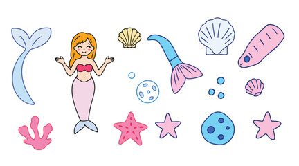 A whimsical set of minimalist mermaid illustrations (tail, seashell, coral, starfish, underwater bubbles) in soft pastel tones. Isolated on a white background.