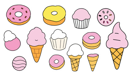 A whimsical set of minimalist sweet treat illustrations (cupcake, donut, macaroon, ice cream cone, candy) in pastel colors. Isolated on a white background.