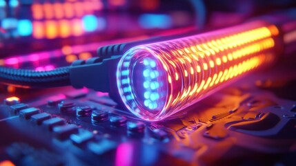 Vibrant neon lighting illuminates a professional music mixing console with turntable in a cutting edge sound production studio  The equipment is ready for an energetic performance or event