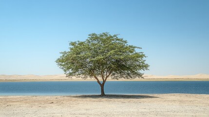 Solitary tree by calm lake under clear sky.