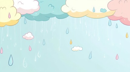 Colorful Cartoon Clouds with Raindrops on a Light Blue Background