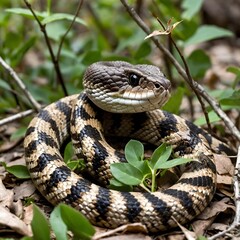 Fototapeta premium Coiled Eastern Diamondback Rattlesnake Lying in Ambush Among Leaves and Branches