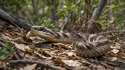 Obraz premium Eastern Diamondback Rattlesnake in Motion Through Lush Underbrush