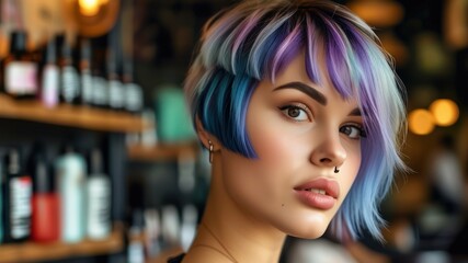Fototapeta premium Vibrant portrait of a stylish woman showcasing colorful hair in a beauty salon, exuding confidence and modern aesthetics