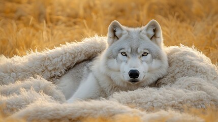 Naklejka premium Majestic arctic wolf rests peacefully in warm golden wheat field light. AI Generated