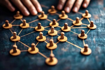 Hands Arranging Wooden Game Pieces on a Dark Textured Surface, Networking Concept with Connections and Strategy Representation